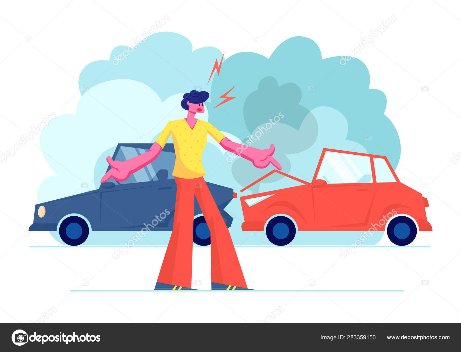 Cartoon vector illustration of car accident, crashing into the