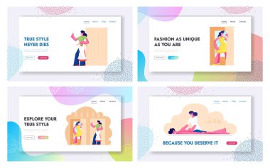 Alışveriş ve Güzellik Prosedürleri Web Sitesi Açılış Sayfası Seti, Spa Merkezinde Sırt Masajı Alan Masada Yatan Adam, MağazaYı Ziyaret Eden Kızlar Web Sayfası. Karikatür Düz Vektör İllüstrasyon, Afiş