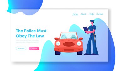 Polis Memuru Güzel Web Sitesi Açılış Sayfası yazın. Hukuk Koruma, Araç Trafik Müfettişi, Emniyet Kontrol, Yüksek Hızlı Trafik İhlali, Polis Çalışma Web Sayfası. Karikatür Düz Vektör İllüstrasyon, Afiş