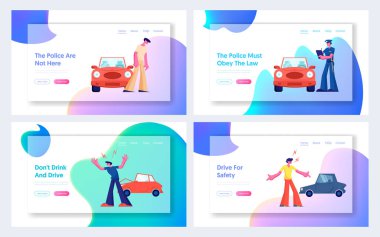 Trafik Web Sitesi Açılış Sayfa Seti Üzerinde Araba Kazası, Kaza Lı Otomobiller de Roadside Arguing Sürücüler Karakter Çift. Sigorta, Trafik, Arıza Web Sayfası. Karikatür Düz Vektör İllüstrasyon, Afiş