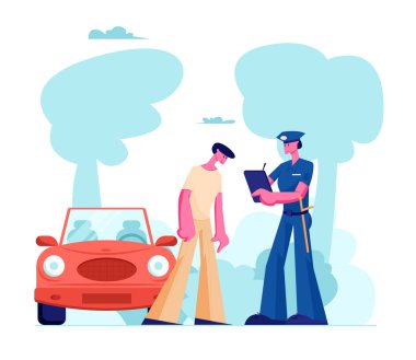 Üniformalı Polis Memuru Karakteri Davetsiz Misafire Giden Yolda İyi Yaz. Hukuk Koruma, Araç Trafik Müfettişi, Güvenlik Kontrol, Yüksek Hızlı Trafik İhlali, Polis İş Karikatür Düz Vektör İllüstrasyon