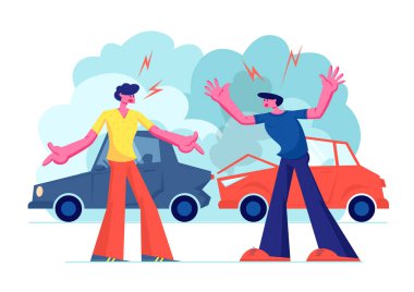Yolda Trafik Kazası, Kaza Lı Otomobillerde Yol Kenarında Duran İki Sürücü Erkek Karakter. Sigorta Durumu, Şehir Dwellers Trafik, Karikatür Düz Vektör İllüstrasyon Suffered