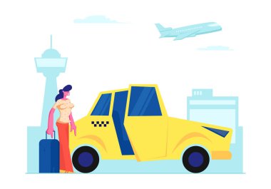 Girl Passenger with Luggage Stand near Yellow Taxi Car on Airport Background. Woman with Suitcase Going to Sit in Cab. Character Ordered Taxi in City, Destination. Cartoon Flat Vector Illustration clipart