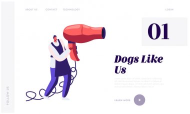 Tiny Karakter Holding Büyük Saç Kurutma Makinesi. Pet Kuaför Salonu Web Sitesi Açılış Sayfası, Şekillendirme ve Bakım Dükkanı, Evcil Hayvanların Bakımı, Damat Fan Kurutma Web Sayfası. Karikatür Düz Vektör İllüstrasyon, Afiş