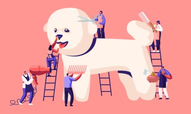 Pet Kuaför Salonu, Stil ve Damat Dükkanı, Köpekler için Pet Store. Groomer Salonda Sevimli Köpek YavrusuNun Merdivenbakımında Çatal Karakterleri, Kes Yün, Fırçalama Tarak, Parfüm, Kurutma Karikatürü Düz Vektör İllüstrasyonu