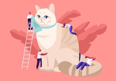 Pet İnsanlar Caress. Tiny Erkek ve Kadın Karakterler Merdivenler Büyük Kedi Bakımı, Yem, Oyun, Boyun Kurdele Soyunma. Eğlence, İletişim, Aşk, Hayvanların Bakımı Karikatür Düz Vektör İllüstrasyon
