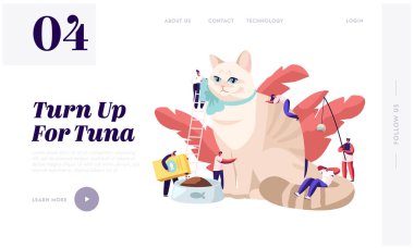 İnsanlar Pet Web Sitesi Açılış Sayfası ile Zaman Geçirin. Tiny Karakterler Okşayın Büyük Kedi, Yem, Oyun, Giyinme. Boş zaman, Boş zaman, Aşk, Hayvan Web Sayfası Bakımı. Karikatür Düz Vektör İllüstrasyon, Afiş