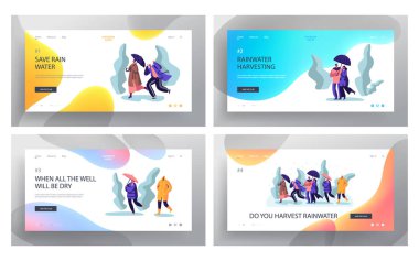 Islak Yağmurlu Sonbahar veya Bahar Hava Web Sitesi Açılış Sayfası Seti, Sırılsıklam İnsanlar Yağmurlu Yürüyüş Şemsiye ile Pelerin ve Bot lar Giymek, Açık Gezinti Web Sayfası. Karikatür Düz Vektör İllüstrasyon, Afiş