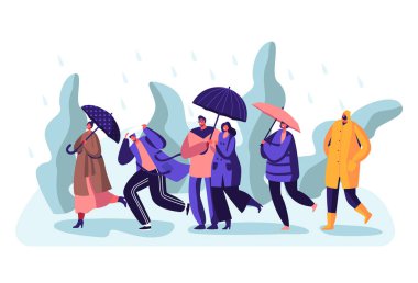 Mutlu Sırılsıklam Passerby İnsanlar Rüzgar ve Yağmur karşı Yürüyüş Şemsiye ile Boots ve Pelerin giyen, Gökten Soğuk Su Pour, Islak Yağmurlu Sonbahar veya Bahar Hava. Karikatür Düz Vektör İllüstrasyon
