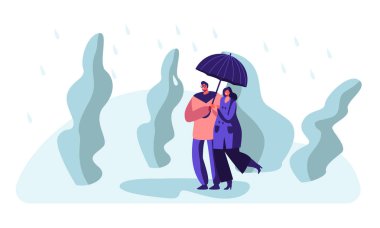 Mutlu Loving Çift Şemsiye altında Yağmurlu Havalarda Parkta Yürüyüş Hands Holding, Konuşma, İlişkiler, Love zevk. Çifti Karakterler Doğa, Rahatlatıcı Karikatür Düz Vektör İllüstrasyon Zaman harcamak