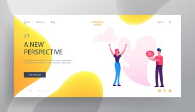 Sosyal Blog Web Sitesi Açılış Sayfası, Kadın Stand Up Hands Up Man Hold E-posta Zarf Simgesi, Bloglama, Web Sayfası için Profil Muhasebe Sosyal Medya Kavramı. Karikatür Düz Vektör İllüstrasyon, Afiş