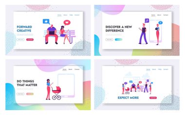 Gadget'ları Kullanan Erkek ve Kadınlar Web Sitesi Açılış Sayfası Seti, İnsanlar Kalabalığı Akıllı Telefonlar ile Sohbet ve Arkadaşlarla Mesajlaşma standı. İnsanlar İletişim Web Sayfası. Karikatür Düz Vektör İllüstrasyon, Afiş