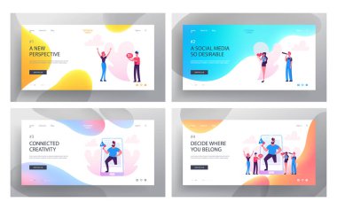 Sosyal Medya İlişkileri, Blog, Web Sitesi Açılış Sayfası Seti, Akıllı Teknolojiler, Bloglama, İnternet İletişimi, Profil Muhasebesi, Web Sayfası için E-posta Kavramı. Karikatür Düz Vektör İllüstrasyon, Afiş