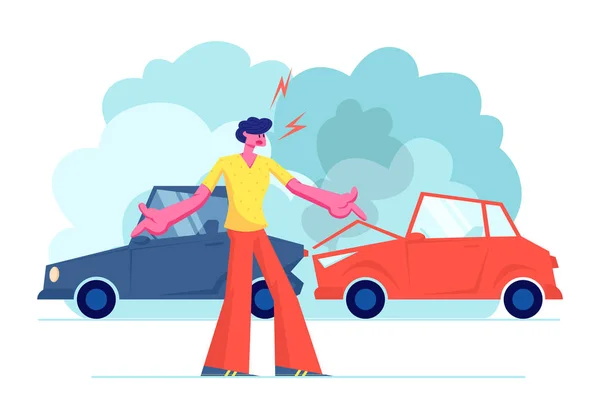 Автомобильная авария на дороге, Злой водитель Мужской персонаж споря стоя на обочине с аварийными автомобилями. Страховая ситуация, житель города страдает в дорожном движении, поломка мультфильма плоские векторные иллюстрации — стоковый вектор