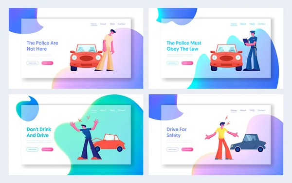 Bilolycka på vägen webbplats landningssida som, par av förare tecken argumenterar på vägkanten på kraschade bilar. Försäkring, trafik, uppdelning webbsida. Tecknad platt vektor illustration, banner — Stock vektor