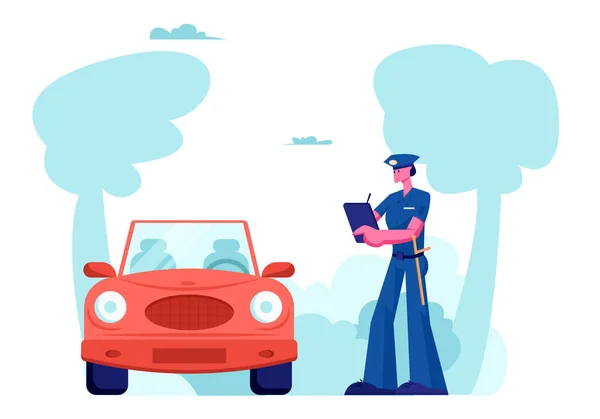 警察官キャラクターは、道路上の自動書き込み罰金の近くに立っています。法律保護、車の交通検査官安全制御、高速交通違反、警官車事故漫画フラットベクトルイラスト — ストックベクタ
