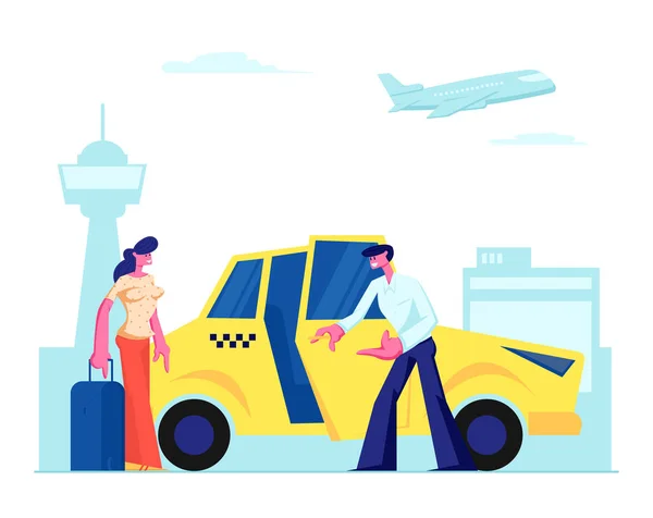 Έμπειρος οδηγός προσκαλεί κορίτσι επιβάτης στο αυτοκίνητο στο ιστορικό του αεροδρομίου. Η γυναίκα με τις αποσκευές θα καθίσει στο κίτρινο ταξί. Χαρακτήρας παραγγελθεί ταξί στην πόλη, προορισμός. Εικονογραφία-επίπεδη απεικόνιση διανυσματικών — Διανυσματικό Αρχείο