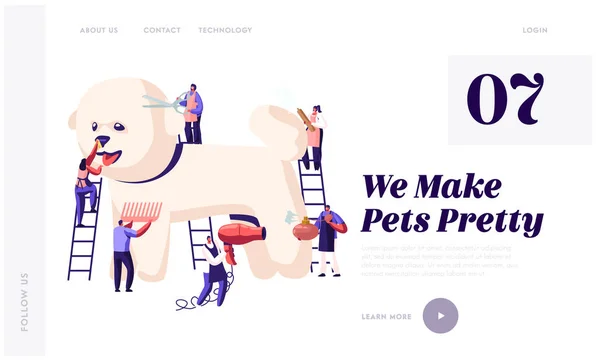 Pet Hair Salon Website Landing Page, Styling and Grooming Shop, Personagens minúsculos em escadas Cuidado de cachorro poodle, Lã de corte e secagem, pente, Perfume, Web Page. Desenhos animados Flat Vector Ilustração, Banner — Vetor de Stock