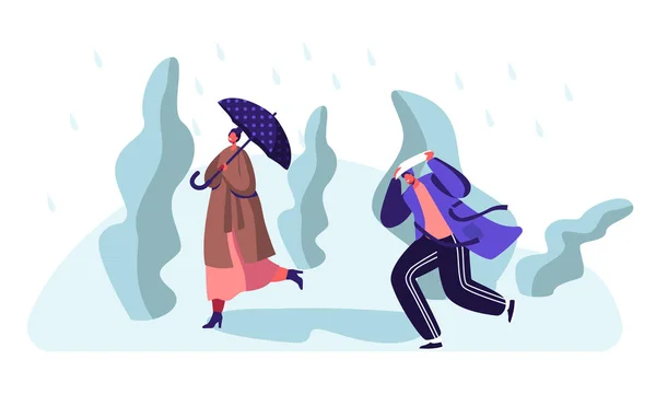 Drcené passerby lidé chodící proti větru a dešti, Žena s deštníkem, muž pokrývající hlavu od studené vody odlévající z nebe, vlhkého deštivého podzimu nebo jarní počasí. Kreslený plochý vektor – ilustrace — Stockový vektor