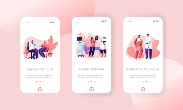 Schwangere beim Arzttermin in der Klinik mobile App-Seite am Bildschirm einrichten medizinischen Check-up, Schwangerschaft, Ultraschall, Mutterschaftskonzept für Website oder Webseite, Cartoon-Flat-Vektor-Illustration — Stockvektor