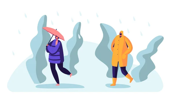 젖은 비오는 가을 이나 봄 날씨에 행인. 바람과 비에 맞서 걷는 우산을 쓰고, 하늘 만화 플랫 벡터 일러스트에서 차가운 물을 쏟아 붓는 행복한 흠뻑 젖은 사람들 — 스톡 벡터