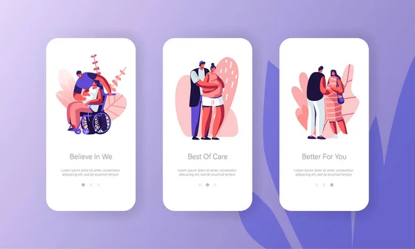 Maternidade, Relações Familiares Mobile App Page Onboard Screen Set Casais felizes esperando bebê conceito. Mulheres grávidas com maridos, site da maternidade ou página da web, ilustração vetorial plana dos desenhos animados — Vetor de Stock