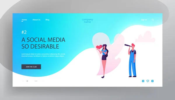 Social Blog Website Landing Page, Woman Hold in Hands Heart Icon, Man Looking Through Spyglass, Blogging, Profile Accounting Social Media Concept for Web Page. Cartoon Flat Vector Illustration, Banner