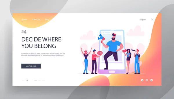 Blogging, Social Media Networking Website Landing Page, Enorme Homem com Megafone Stand no Smartphone Screen, Pessoas assistindo Broadcasting, Video Post, Web Page. Desenhos animados Flat Vector Ilustração, Banner — Vetor de Stock