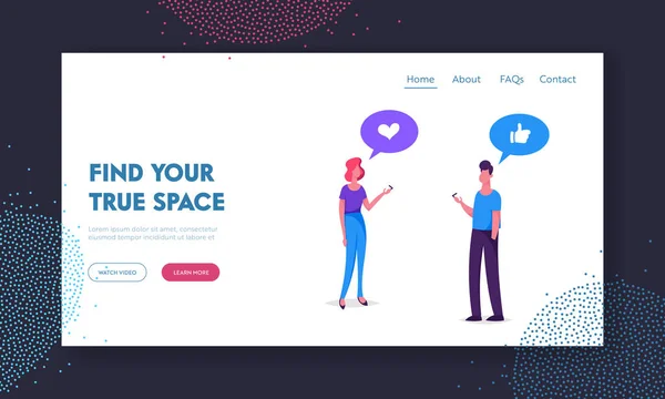 Tecnologias Inteligentes em Mídias Sociais Site Landing Page, Jovem e Mulher Usando Smartphones Móveis. Comunicando Pessoas Use Gadgets, Página Web de Contabilidade. Desenhos animados Flat Vector Ilustração, Banner — Vetor de Stock