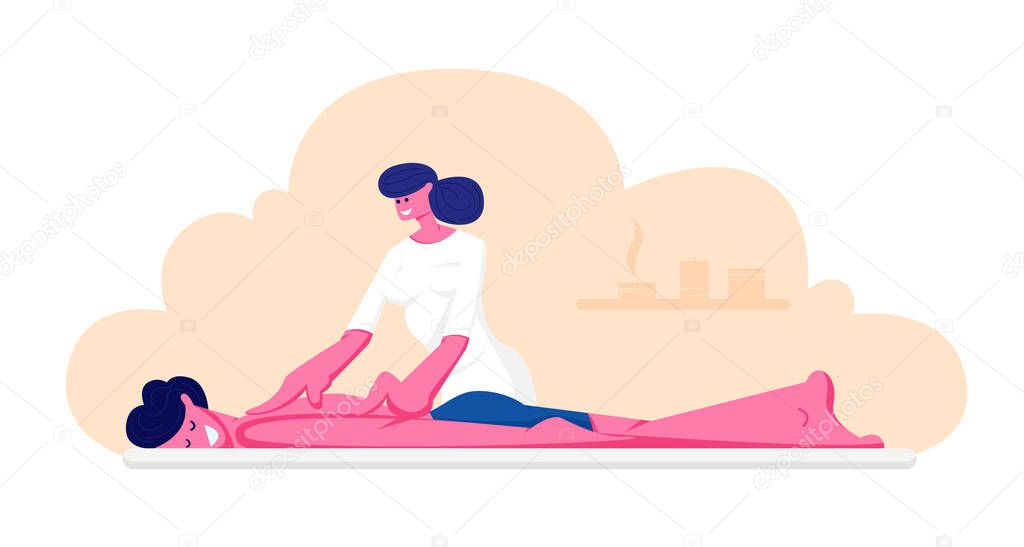 Young Male Character Lying on Table Receiving Relaxation Back Massage in Spa Center. Man Patient Get Body Care and Treatment in Salon by Professional Woman Therapist. Cartoon Flat Vector Illustration
