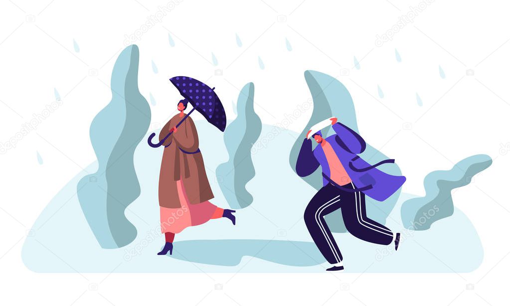 Drenched Passerby People Walking Against Wind and Rain, Woman with Umbrella, Man Covering Head from Cold Water Pouring From Sky, Wet Rainy Autumn or Spring Weather. Cartoon Flat Vector Illustration