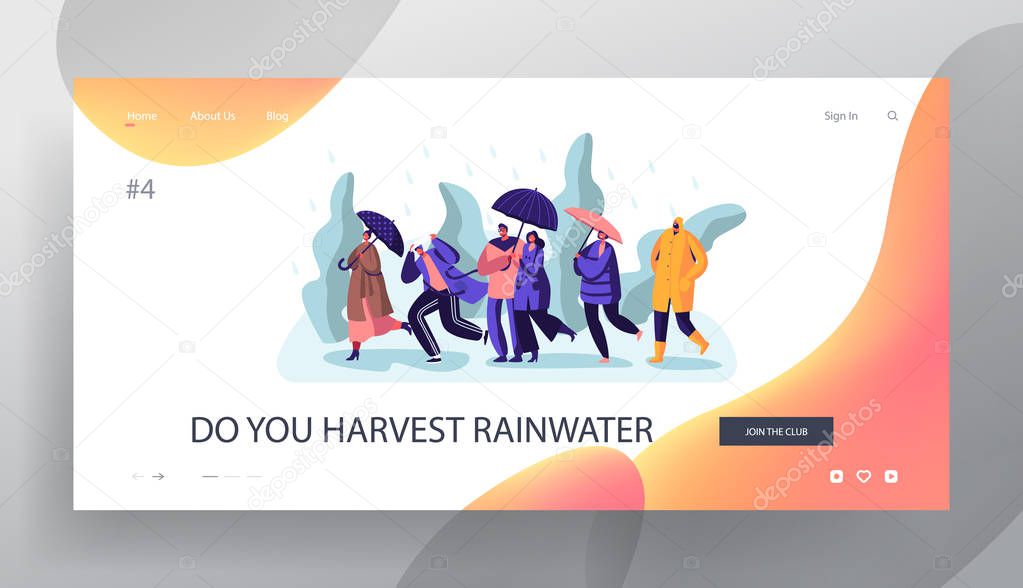 Wet Rainy Autumn or Spring Weather Website Landing Page, Happy Drenched Passerby People Wearing Boots and Cloaks with Umbrellas Walking in Rain, Web Page. Cartoon Flat Vector Illustration, Banner