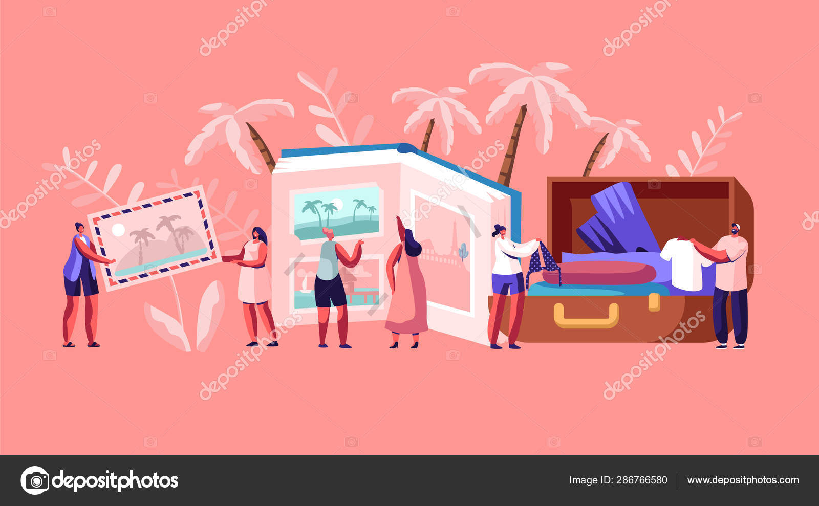 休暇後の若者のコンセプト 写真集を見ている小さなキャラクターの男女 スーツケースから服やお土産を取り出します 記憶 写真 旅行漫画フラットベクトル イラスト ストックベクター C Vectorlab 286766580