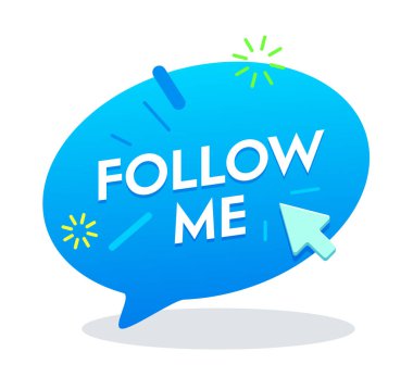 Tipografi ile Memphis Tarzı Me Bubble Speech Shaped Banner izleyin. Mavi Renk Düğmesi, Sayaç Bildirimi, Sosyal Medya Logosu, Resim, Sembol, İşaret, Ui Arka Plan. Karikatür Düz Vektör İllüstrasyon