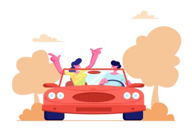 Happy Couple Sürüş Kırmızı Cabriolet Araba Doğa Peyzaj Arka Plan üzerinde. Genç Adam ve Kadın Cabrio Makine, Balayı, Yaz Tatili, Gezi, Yolculuk seyahat. Karikatür Düz Vektör İllüstrasyon