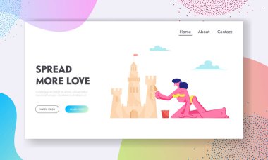 Summertime Tatil Web Sitesi Açılış Sayfası, Bikini Binası Kum Dankale Genç Kadın Sahilde, Resort Coast Line Yaz Saati Web Sayfasında Mayo Kız. Karikatür Düz Vektör İllüstrasyon, Afiş