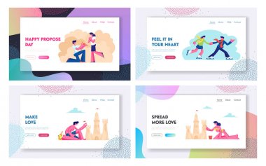 Loving Çiftler Kış ve Yaz Boş Zaman Web Sitesi Açılış Sayfası Seti, Erkek ve Kadın Nişan, Buz Pateni Pisti'nde Paten, Seaside Beach Web Sayfasında Kum Kale yapma. Karikatür Düz Vektör İllüstrasyon Afiş