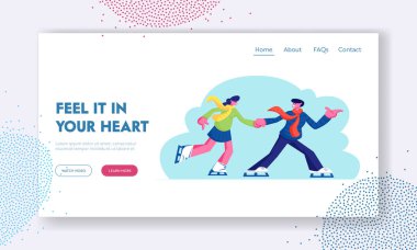 Sevgi Dolu İlişkiler, Açık Hava Etkinliği Web Sitesi Açılış Sayfası, Aşık Erkek ve Kadın Genç Çift Eğlenin, Kış Saati Web Sayfasında Buz Pateni Pistinde Aktif Tarih Pateni. Karikatür Düz Vektör İllüstrasyon, Afiş