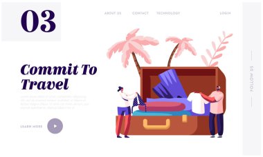Gezi Deneyimi, Journey Web Sitesi Açılış Sayfası, Tiny Karakterler Tatil Yaz Zaman Boş Web Sayfası sonra Büyük Bavul Gelen Seyahat Aksesuarları Take Out. Karikatür Düz Vektör İllüstrasyon, Afiş