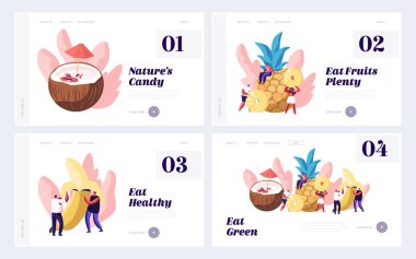 Vejetaryen Diyet, Sağlıklı Gıda Web Sitesi Açılış Sayfa Seti, Tiny Erkek ve Kadın Karakterler ve Büyük Meyve Hindistan Cevizi İçecek, Ananas, Muz, Yaz Suyu Web Sayfası. Karikatür Düz Vektör İllüstrasyon, Afiş