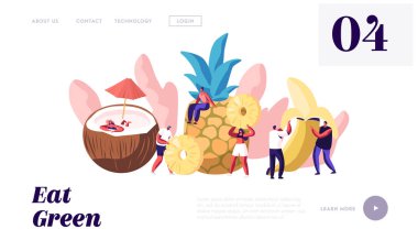 Karakterler ve Olgun Meyveler Web Sitesi Açılış Sayfası, Hindistan cevizi, ananas, muz, sağlıklı gıda, güçlendirilmiş beslenme, Yaz Taze Meyve İçecekleri Kokteyller, Web Sayfası. Karikatür Düz Vektör İllüstrasyon, Afiş