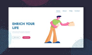 Shop Open Event Web Sitesi Açılış Sayfası, Mağaza Girişinde Davet El İlanları Veren Adam Satıcı, İnsanları Yeni Butik, Tüketicilik Web Sayfasını Ziyaret Etmeye Davet Ediyor. Karikatür Düz Vektör İllüstrasyon, Afiş