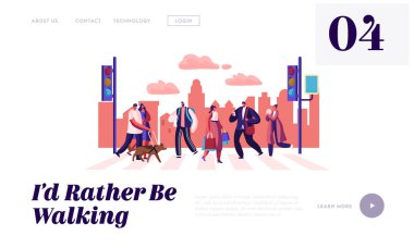 City Street Web Sitesi Açılış Sayfasında Yürüyen Yayalar, Erkek ve Kadın Karakterler Trafik Işıkları ve Yaya Geçidi Web Sayfası ile Kentsel Arka Plan Acele. Karikatür Düz Vektör İllüstrasyon, Afiş