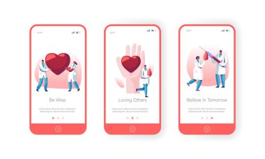 Kan Bağışı Laboratuvarı Mobil Uygulama Sayfası Onboard Ekran Seti, Üniformadoktor Karakterler, Sağlık, Charity, Web Sitesi veya Web Sayfası için Dünya Bağış Günü Kavramı, Karikatür Düz Vektör İllüstrasyon