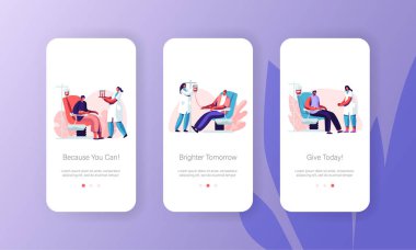 Kan Bağışı Mobil Uygulama Sayfası Onboard Ekran Seti Gönüllüler Karakterler Tıp Hastanesi Sandalye Bağışı Kan, Web Sitesi veya Web Sayfası için Klinik Kavramı Donörler, Karikatür Düz Vektör İllüstrasyon oturup