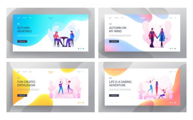 Loving Couple Dating ve Fooling Web Sitesi Açılış Sayfası Seti, Erkek, Kadın Yürüyüş , Sıcak İçecek İçme Için Cafe Ziyaret, Yastıklar ile Mücadele, Love Web Sayfası. Karikatür Düz Vektör İllüstrasyon, Afiş