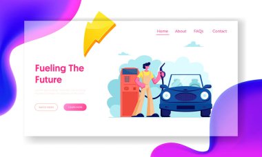 Sürücüler için Benzin Servisi Web Sitesi Açılış Sayfası, Benzin İstasyonu'nda Araba, Petrol İstasyonu Refueling Otomobil de Workwear İşçi, Ulaşım Dolum Web Sayfası. Karikatür Düz Vektör İllüstrasyon Afiş