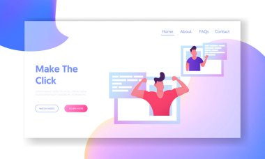 Online Dating Web Sitesi Açılış Sayfası, Sanal Tarih ve Tarama Aşk Partner Sanal İnsan İlişkileri, Sohbet, Hesap Web Sayfası için Genç Erkekler İnternet Profilleri. Karikatür Düz Vektör İllüstrasyon, Afiş