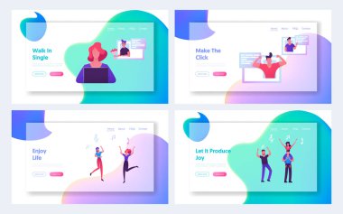 Müzik Partisi ve Dating Web Sitesi Açılış Sayfası Seti, İnternette Aşk Partneri Arayan Kadın, Sanal İlişkiler, Müzik Etkinliği Web Sayfasını Ziyaret Eden Kişiler. Karikatür Düz Vektör İllüstrasyon, Afiş