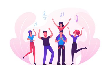 Müzik Etkinliği veya Konseri Ziyaret Eden Gençler Grubu, Erkek ve Kadın Taraftarlar Tezahürat, Dans ve Hands Up ile Atlama, Kız Erkek Omuzlarda Oturan, Arkadaşlar Leisure. Karikatür Düz Vektör İllüstrasyon